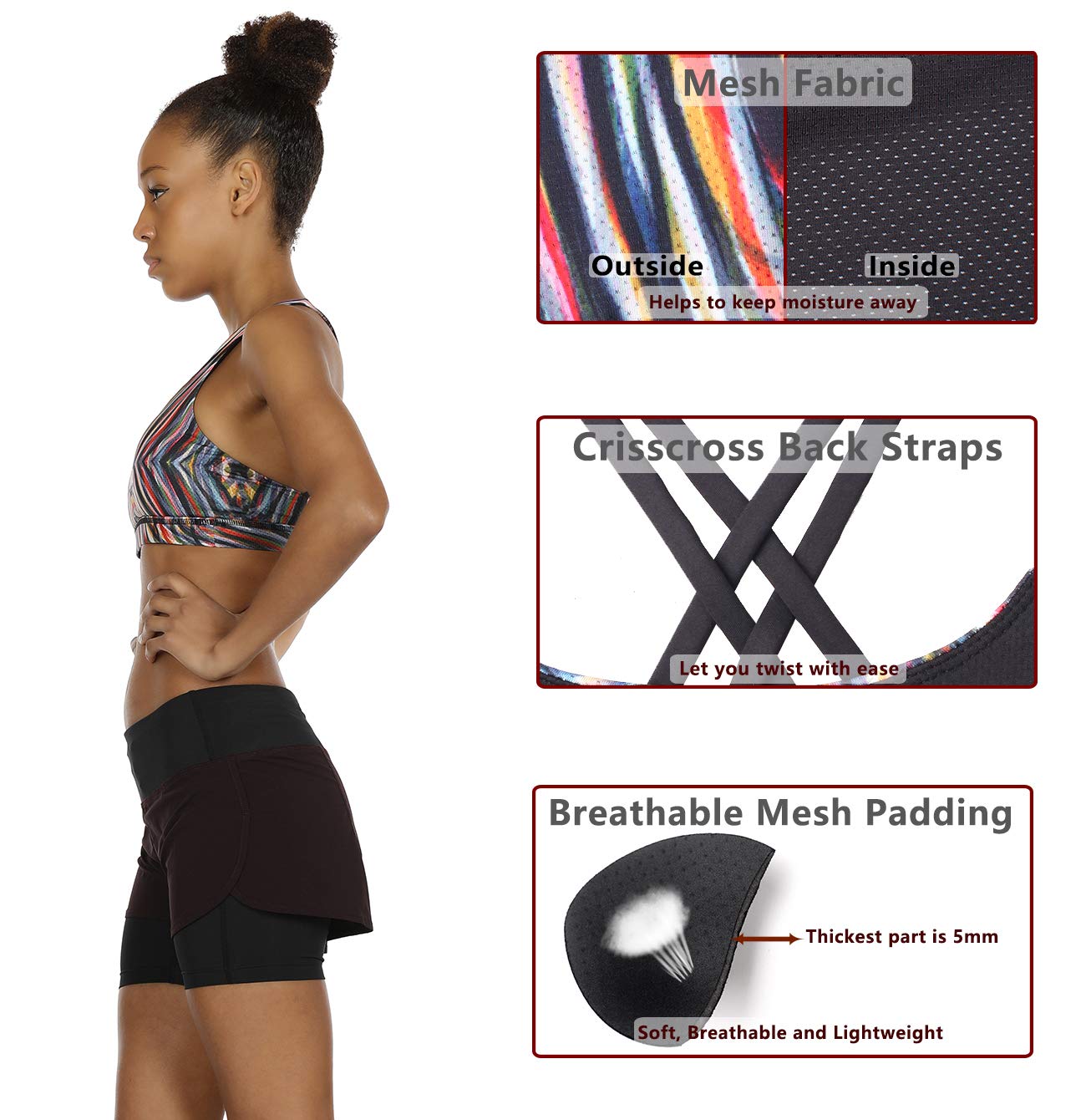 icyZone Sports Bra for Women Workout Yoga Tops Athletic Strappy Padded Bralette (L, Fireworks)