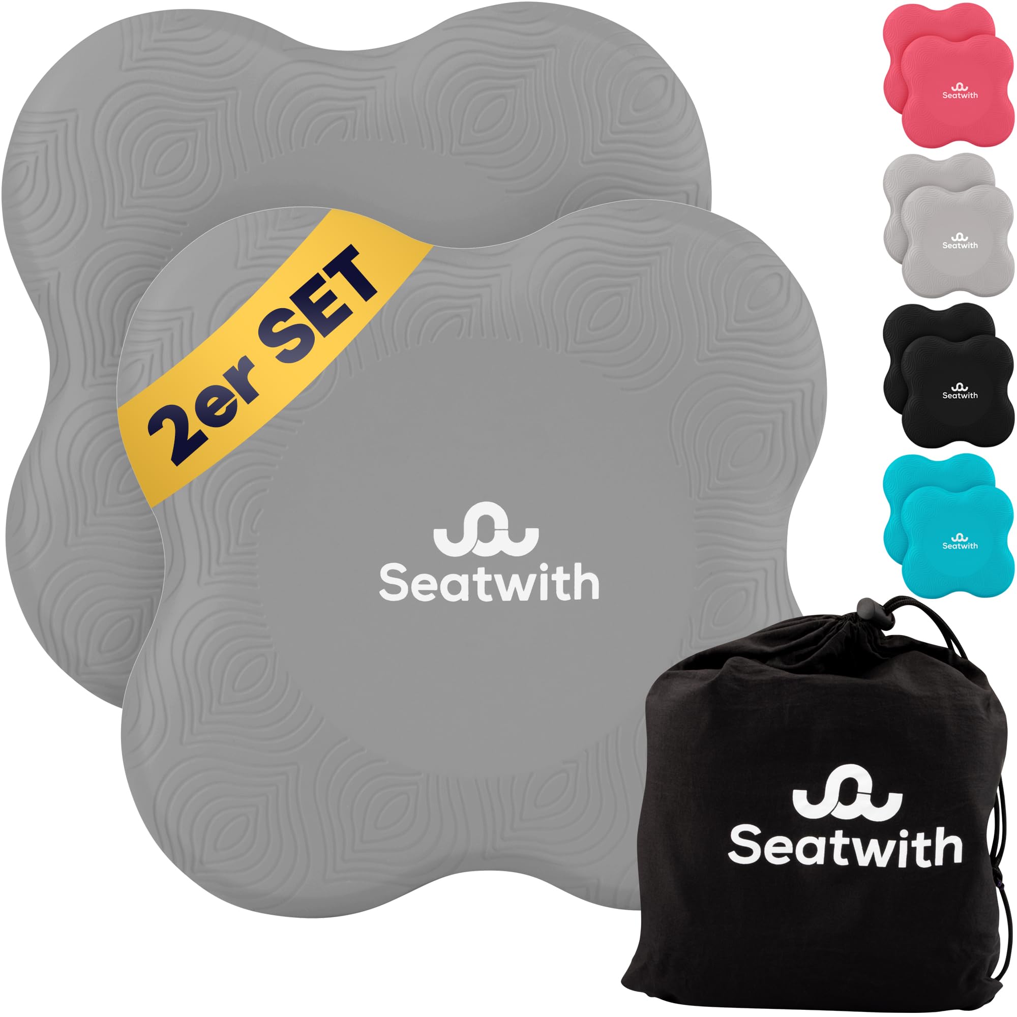 Seatwith Yoga Knee Pads for Women (Pack of 2) - Pilates & Yoga Cushion with Transport Bag + Training PDF Instructions - Maximum Relief & Support for Knees, Wrists & Elbows - 20 x 20 cm