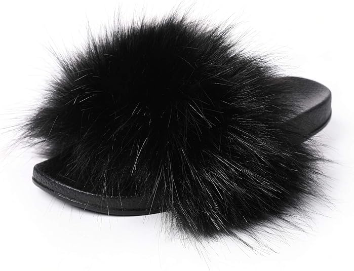 Amazon.com | Tilepnic Faux Fur Slides Slippers for Women Open Toe Furry Slides Fluffy Slippers 