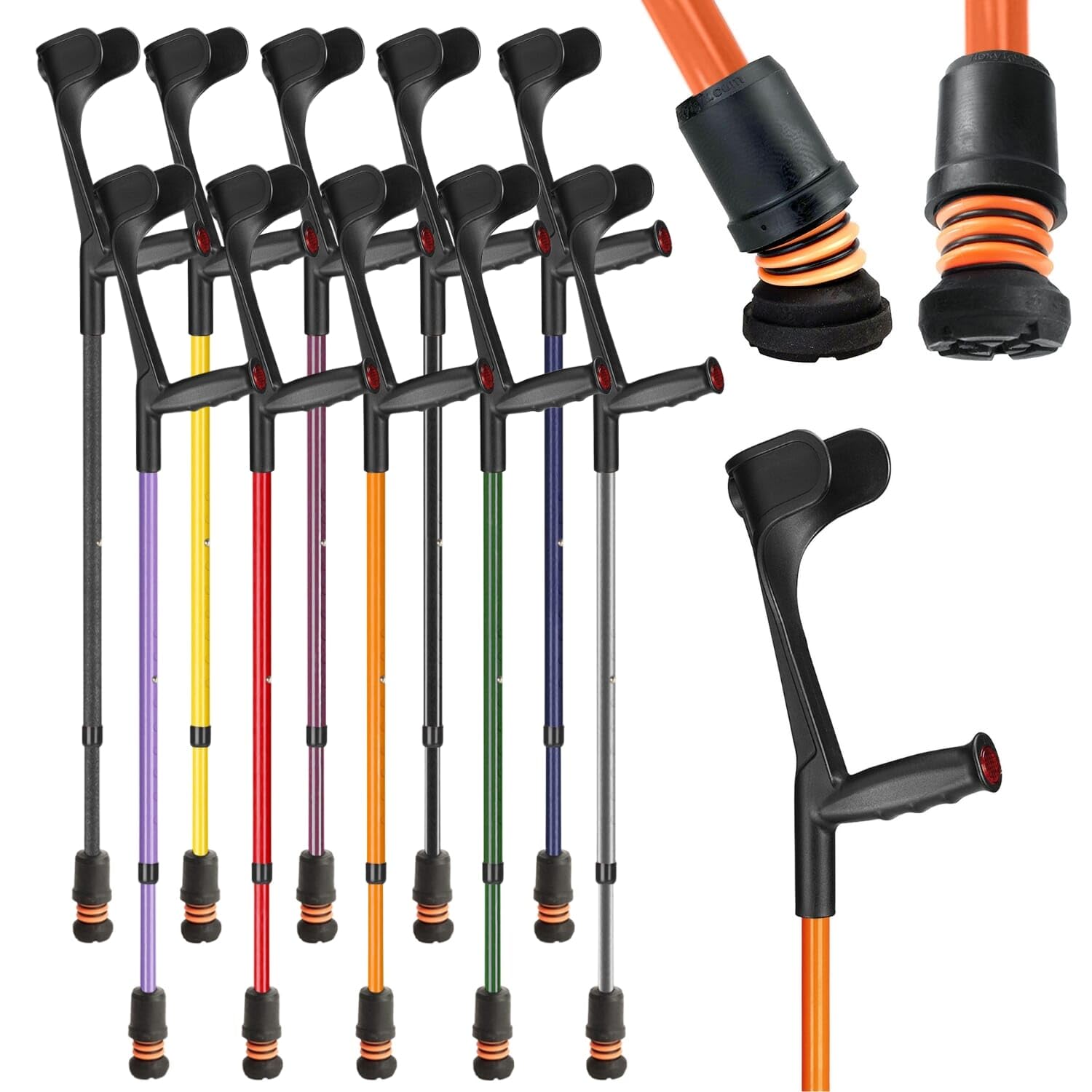 Flexyfoot Shock Absorbing Soft Grip Adjustable Crutch - Single - Orange | Improve Safety, Improve Comfort, Improve Grip, Reduce Shocks & Jarring