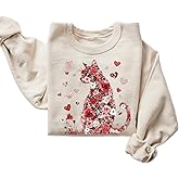 DAYLEA Valentine Floral Cat Sweatshirt – Romantic Rose Cat Graphic Crewneck – Love Valentine Pullover