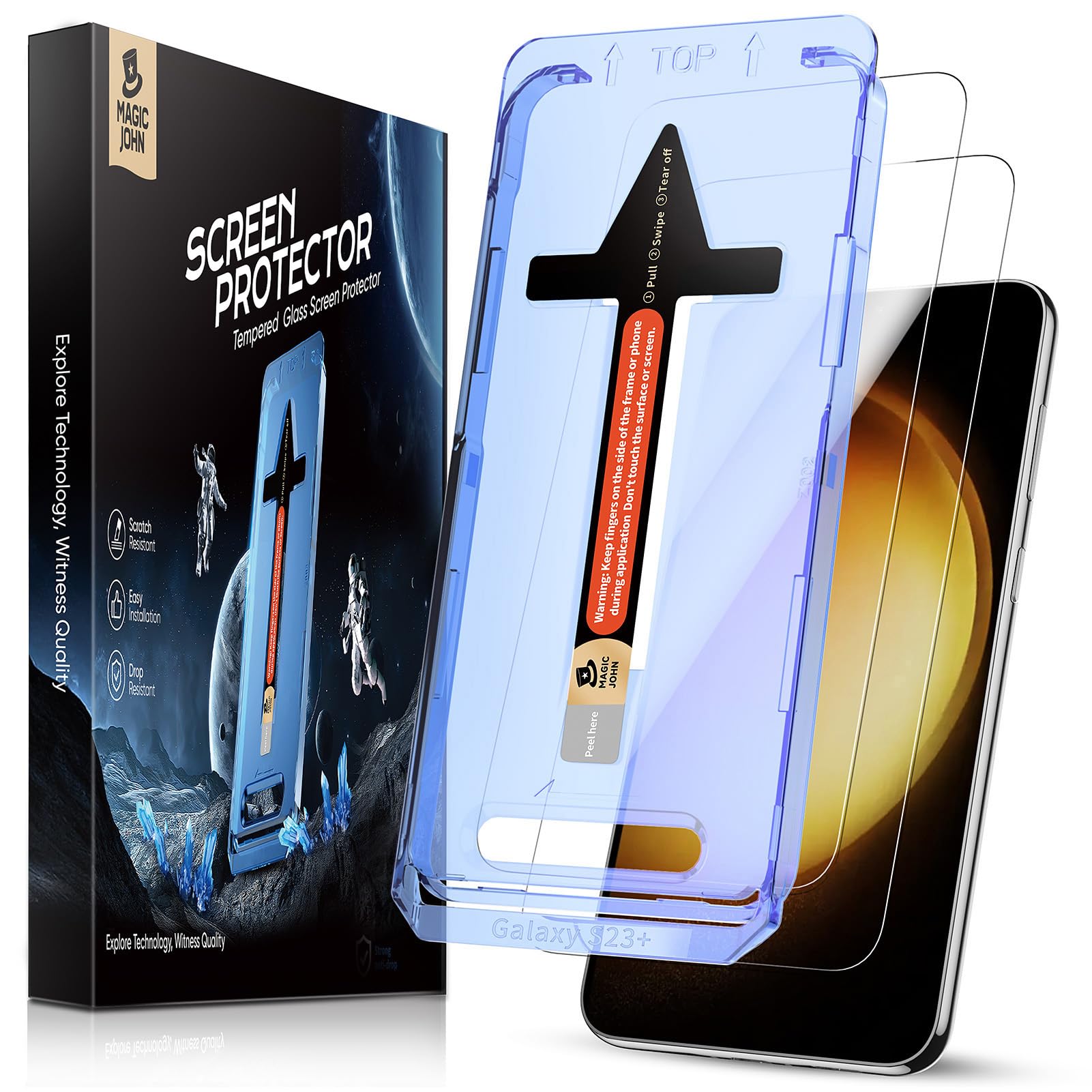 MAGIC JOHN 2 Pack for Samsung Galaxy S23 Plus/ S23+ (6.6 Inch) Screen Protector Tempered Glass, Bubble Free with Auto Dust-Elimination Installation, Anti Scratch, Case Friendly