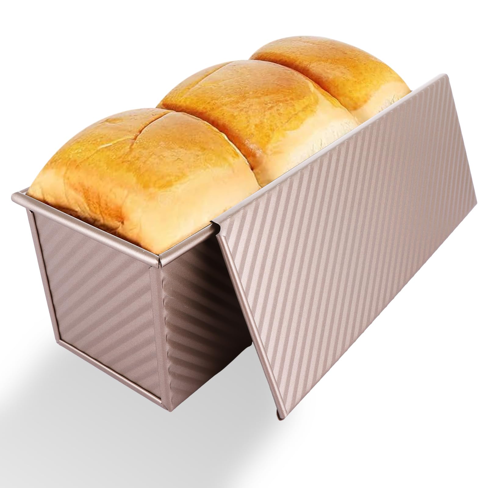 AKOLAFE Loaf Tin 2lb(1000g) Large Bread Tin Non Stick Pullman Loaf Tin with Lid Gold Bread Tin Carbon Steel Loaf Pan Loaf Tins for Baking Bread, 32x12x11 CM