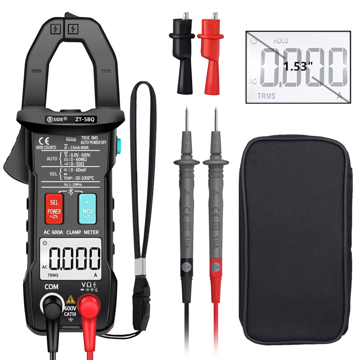BSIDE Wireless Clamp Meter Smart True RMS Auto-Ranging 6000 Counts Digital Multimeter Diode Temperature Capacitance Inrush Current Tester with Flashlight