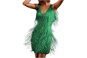 Ruziyoog Fashion Dress for Women Elegant Tassels Sequin Fringe Flapper Dresses Sexy Spaghetti Straps Mini Dancewear Dress