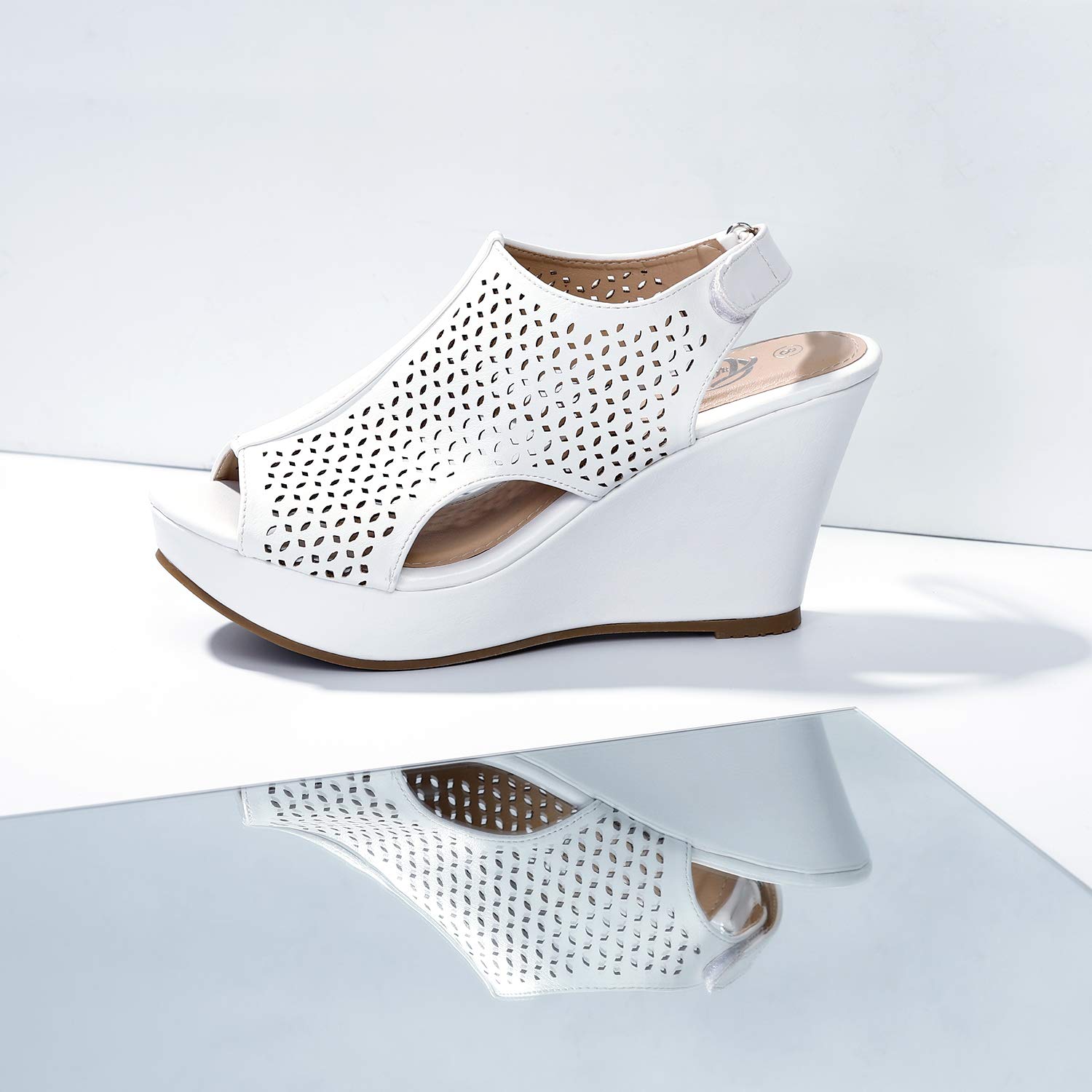 Trary Women\'s Adjustable Strap Peep Toe Wedge Sandal White 10