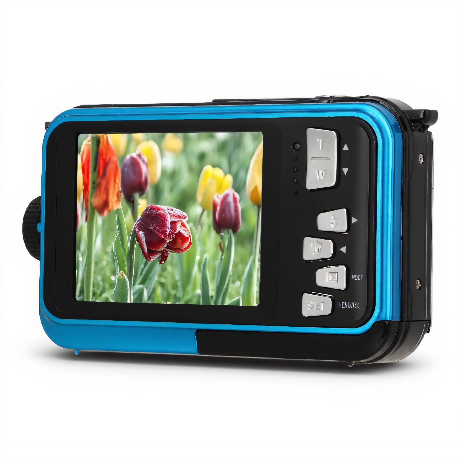 Blue Underwater Digital Camera - 2.7K 48MP, 16X Zoom, Double Screens, 10ft Waterproof