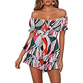 Fixmatti Women's Color Block Romper Off The Shoulder Short Sleeve Ruffle Jumpsuits Playsuit