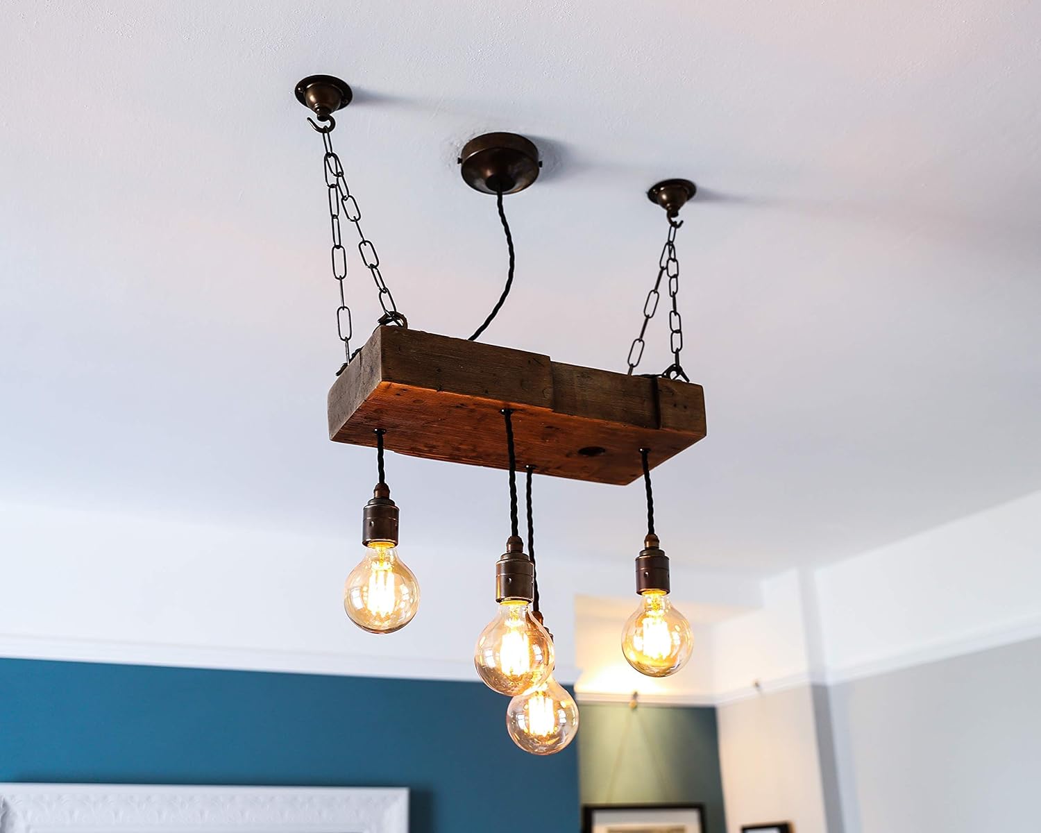 4 Bulb Reclaimed Rustic Wooden Beam Chandelier Ceiling Light Pendant
