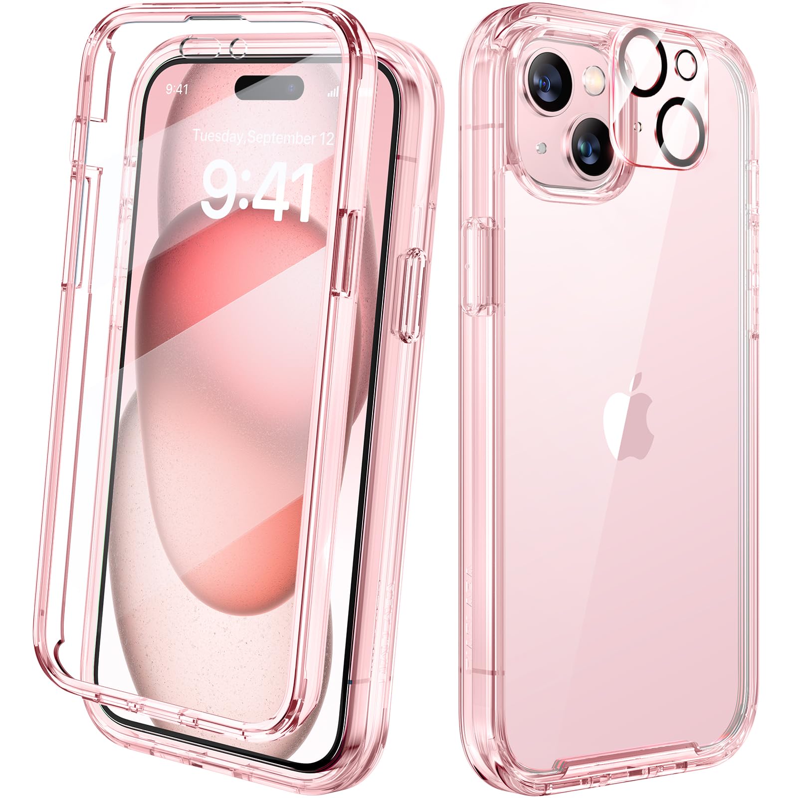 Photo 1 of Diaclara Designed for iPhone 15 Case, Full Body Rugged Case with Built-in Touch Sensitive Anti-Scratch Screen Protector, with Camera Lens Protector for iPhone 15 6.1" (Clear Pink)