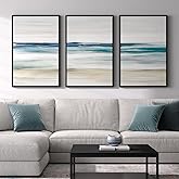 Framed Abstract Coastal Wall Art for Living Room, Large Blue Coastal Landscape Decor, 3 Piece Minimalist Beach Ocean Painting Artwork for Walls, Canvas Prints for Bedroom Hallway Wall Decor, 24x36 In