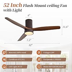 CACI Mall 52 Inch Flush Mount Ceiling Fan with