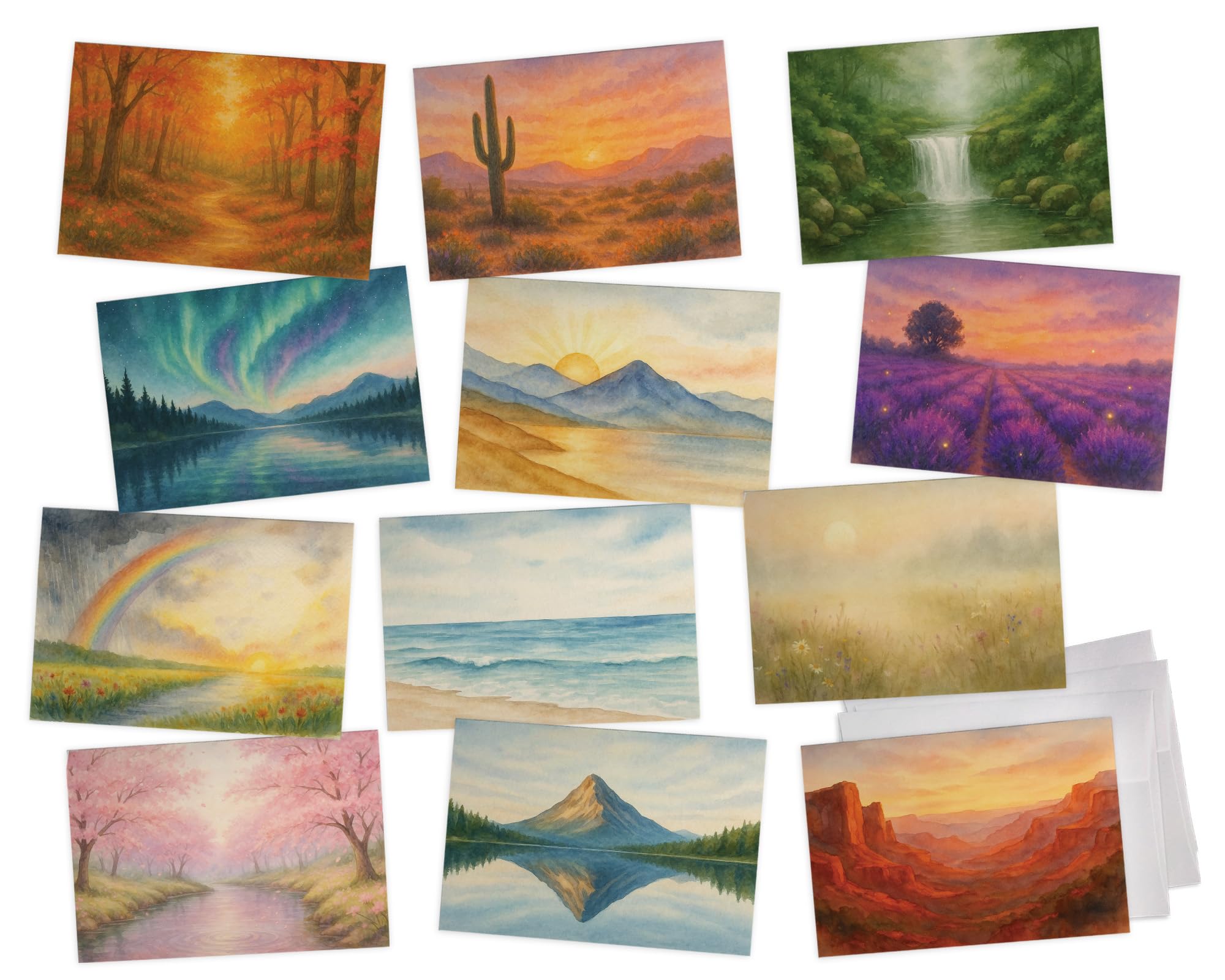 Photo 1 of 24 Pack Peaceful Landscape Blank Note Cards Set – Nature Scenery Watercolor Art Designs – Tranquil Forests, Mountains, Meadows – Blank Inside Stationery for Encouragement, All-Occasion, Thank You