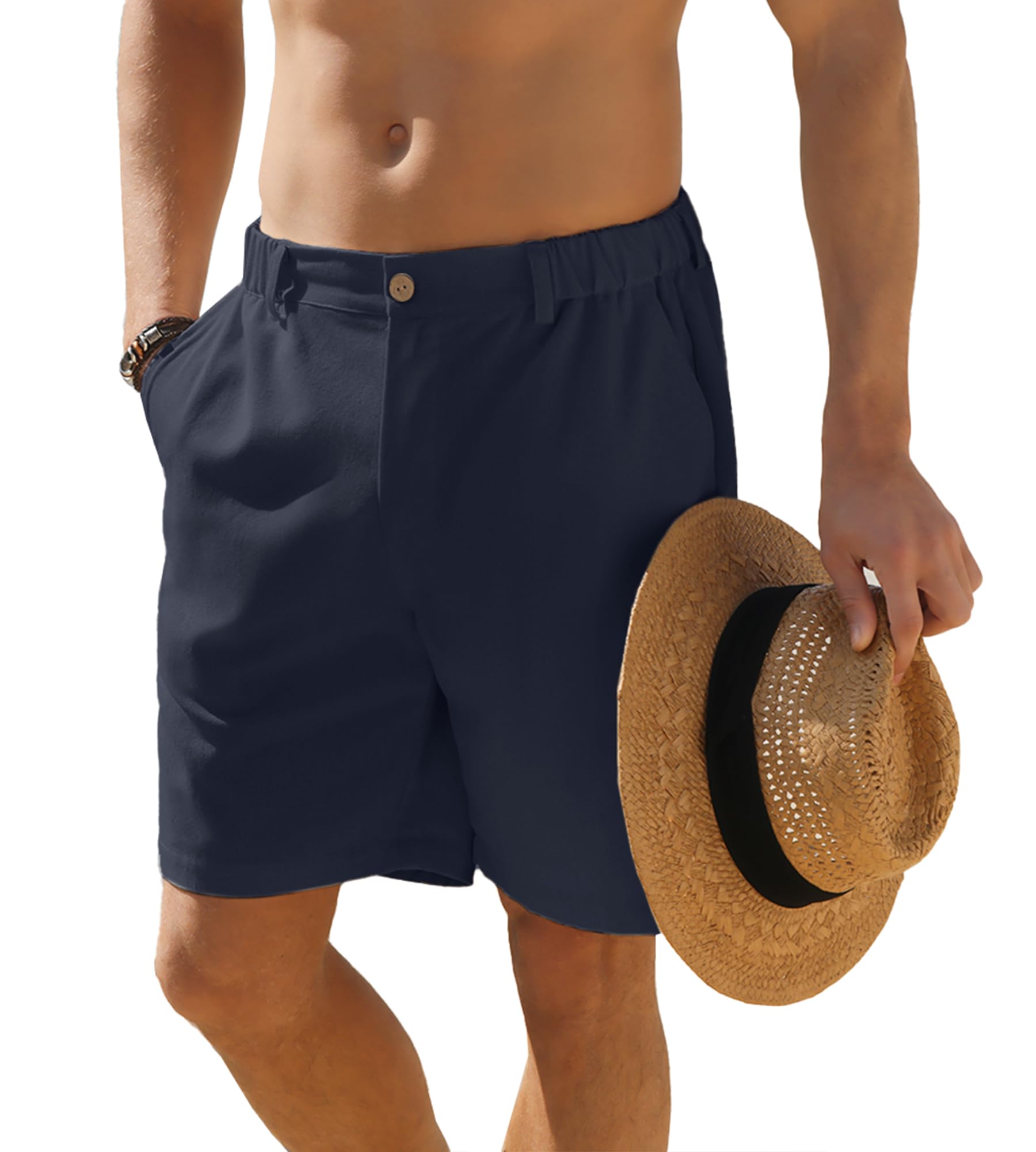 Photo 1 of ***(HEAVILY USED/ MINOR DAMAGE)***JEMLDL Men's Shorts Casual 7" Cotton Linen Button Elastic Waist Summer Beach Vacation Shorts with Multi-Pocket US 34 Medium Dark Blue