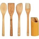 Kit de Utensílios de Cozinha em Bambu, 4 Peças, Espátula Reta, Espátula Arredondada, Garfo e Colher