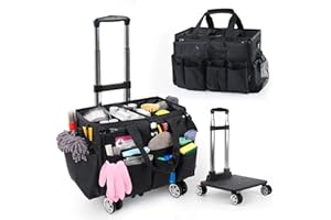 MUNNAR Rolling Cleaning Caddy Bag with Detachable Trolley, Multi-Functional Portable Cleaning Cart Supplies Organizer for Housekeeping and Domestic Cleaning, Cleaning Caddy with Wheels, Black