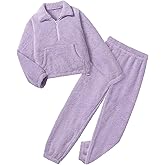 Yimoon Girls Fleece Pants Set Fuzzy 2 Piece Outfits Quarter-Zip Sweatshirt Pants Fall Winter Girls Clothing Set