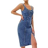 utcoco Denim Dress for Women Sleeveless Side Slit Bodycon Midi Jean Dresses for Women 2025