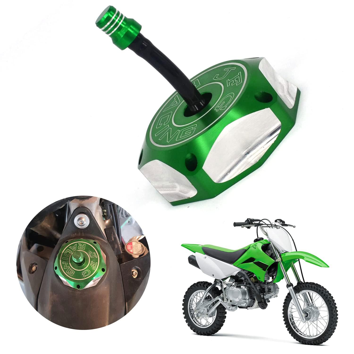Photo 1 of JFG RACING Dirt Bike Gas Cap,Motorcycle Gas Fuel Tank Cap with Breather Valve CNC for KX85 KX100 KX250 KX250F KX450F KX450 KLX450R KLX 110 KLX110 Dirt Pit Bike Green