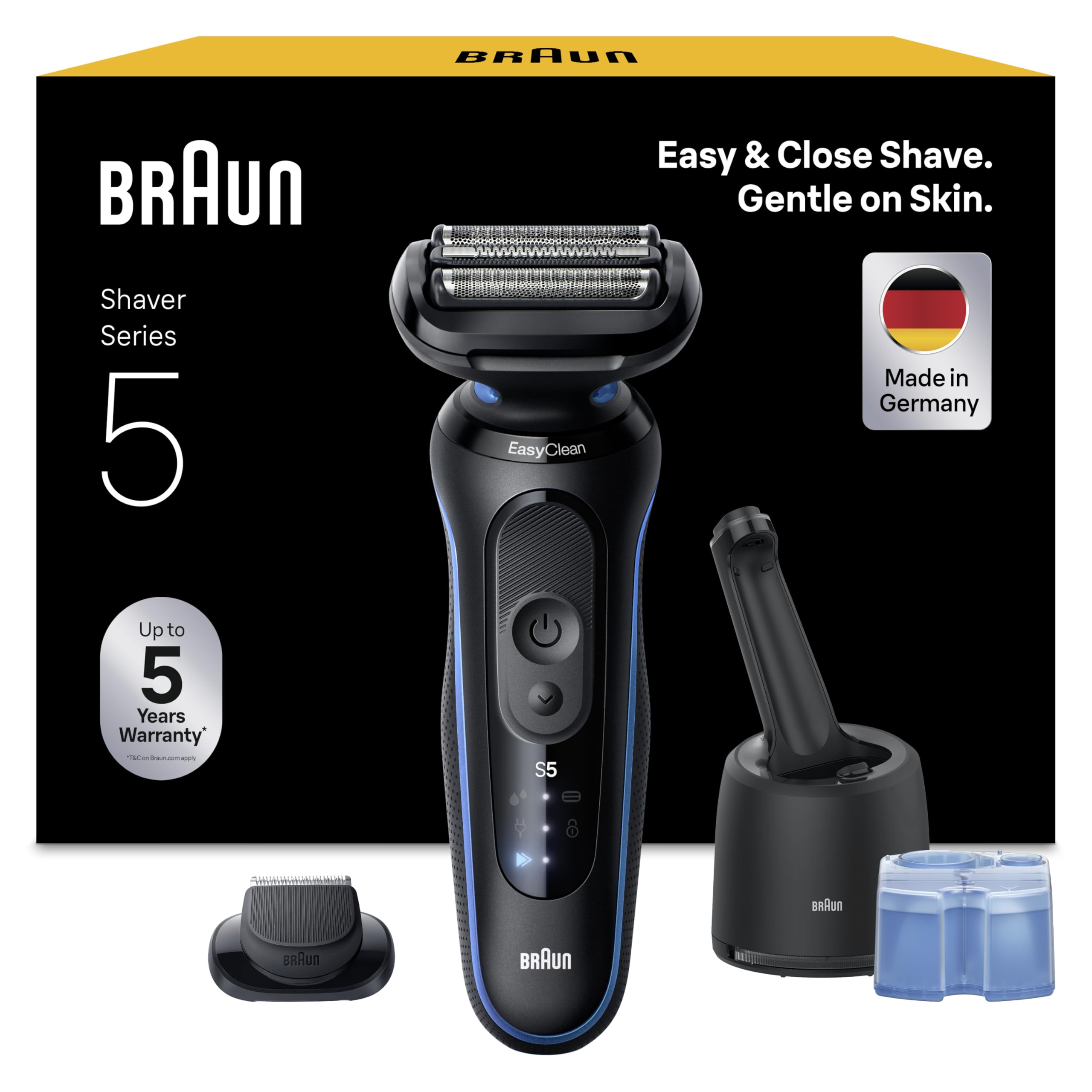 Braun Series 5 Elektrorasierer Herren, Rasierapparat mit 50 Min. Akku, 4in1 SmartCare Reinigungsstation, +1 Aufsatz, Kabelloser Nass- und Trockenrasierer für Männer, Wasserdicht, 52-B7200cc, Blau