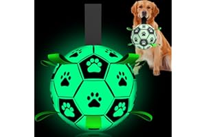 QDAN Glow in The Dark Dog Toys Soccer Ball with Straps, Interactive Dog Toys Puppy Birthday Gifts, Dog Tug Water Toy, Indoor/Outdoor Light Up Dog Balls for Small & Medium Dogs（8 Inch Size 3）