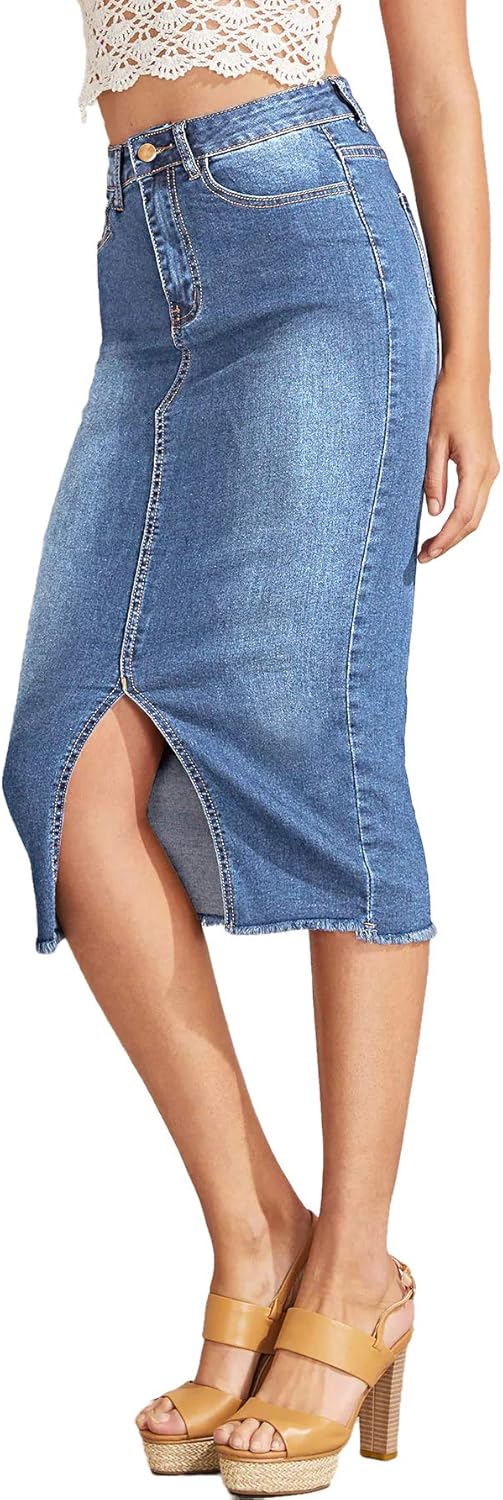 SheIn Women's Slit Midi Denim Skirt Below Knee Length Stretchy Slim Fit Jean Pencil Skirt: Clothing