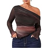 WDIRARA Women's Plus Size Leopard Print Off Shoulder T Shirt Ruched Bandana Hem Long Sleeve Tee