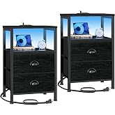 Furologee Nightstand Set of 2 with LED Lights, Charging Station, Black Oak | Night Stand Set 2 with USB &amp; Outlets, Side Table with Storage, Industrial End Table, for Living Room/Bedroom, Dorm