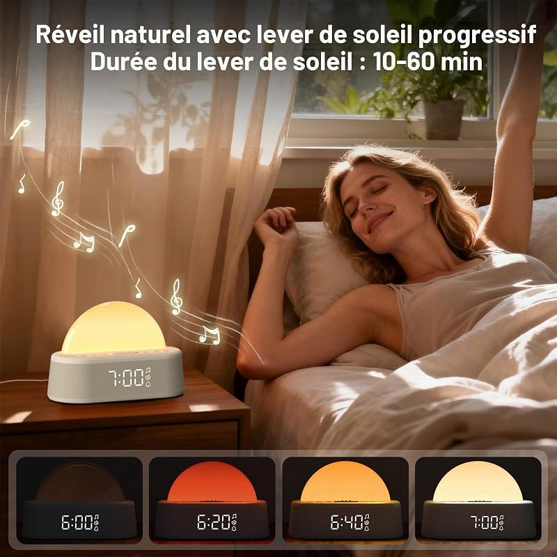 Réveil Lumineux Simulateur d'aube, Eveil Lumière Reveil Matin 8 Couleurs
