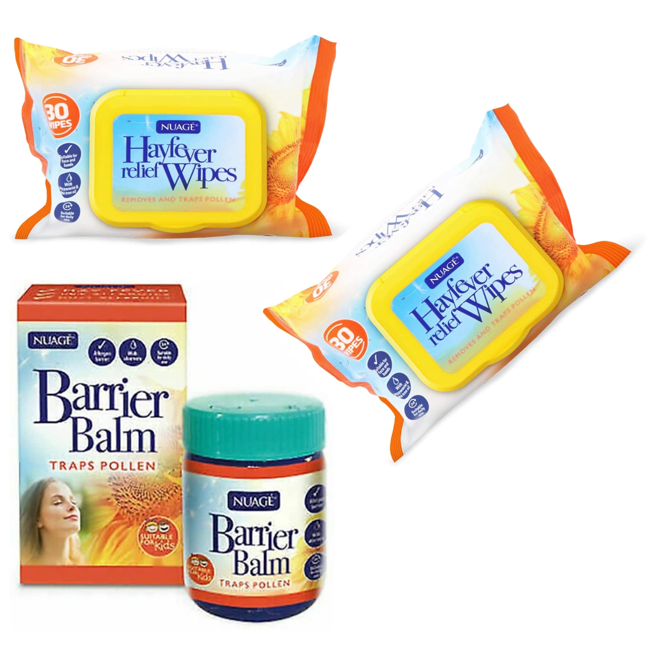 Nuage Hayfever Wipes and Allergen Barrier Balm | Allergy Relief Wipes and Balm | Natural Remedy for Hay Fever 30 Resealable Wipes | Suitable for Face and Hands (2 x 30 Wipes and 1 x Balm)