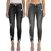 Women's Mid Waisted Jeans Trendy Distressed Stretch Ripped Butt Lift Denim Pants (Pack of 2)