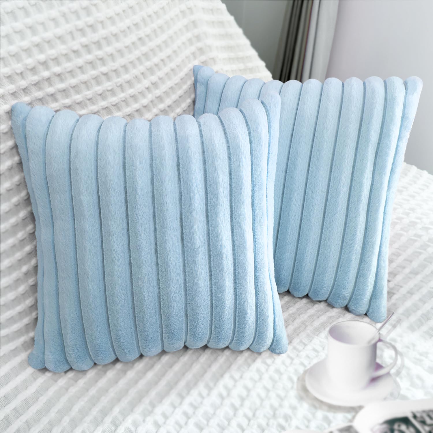 Photo 1 of *COVERS ONLY* 2 Pack 18x18 Pillow Cover Velvet Pillow Covers, Faux Fur Square Throw Pillow Covers for Living Room Decorations Throw Pillow Case, Throw Pillow Cover Cushion Cover for Sofa Bedroom Car, Light Blue