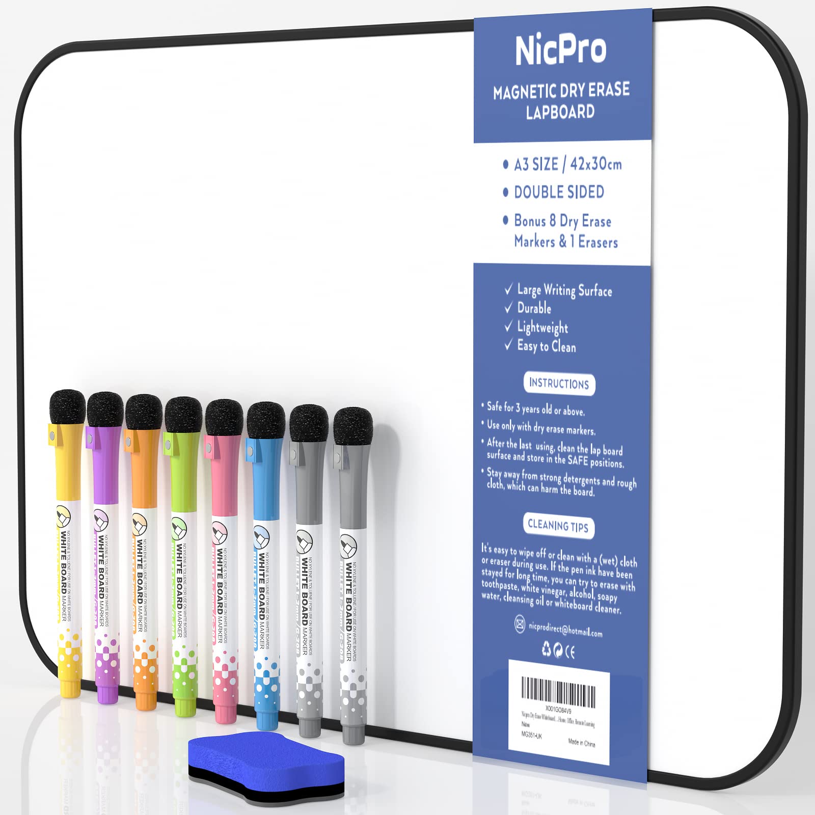 Nicpro Dry Erase Whiteboard A3, Magnetic Double Sided 30 x 42 cm White Board with Black Border, Including 8 Water-Based Pens and 1 Eraser for Kid Writing & Drawing, Student School, Classroom, Home Use — image 1