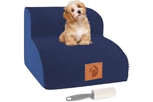 LOCGII Dog Stairs for Small Dogs-2 Steps Soft Foam Dog Steps Ramps for Bed Couch, High Density Pet Steps Stairs for Joint Pain Dog, Cats, and with a Lint Roller (Blue)