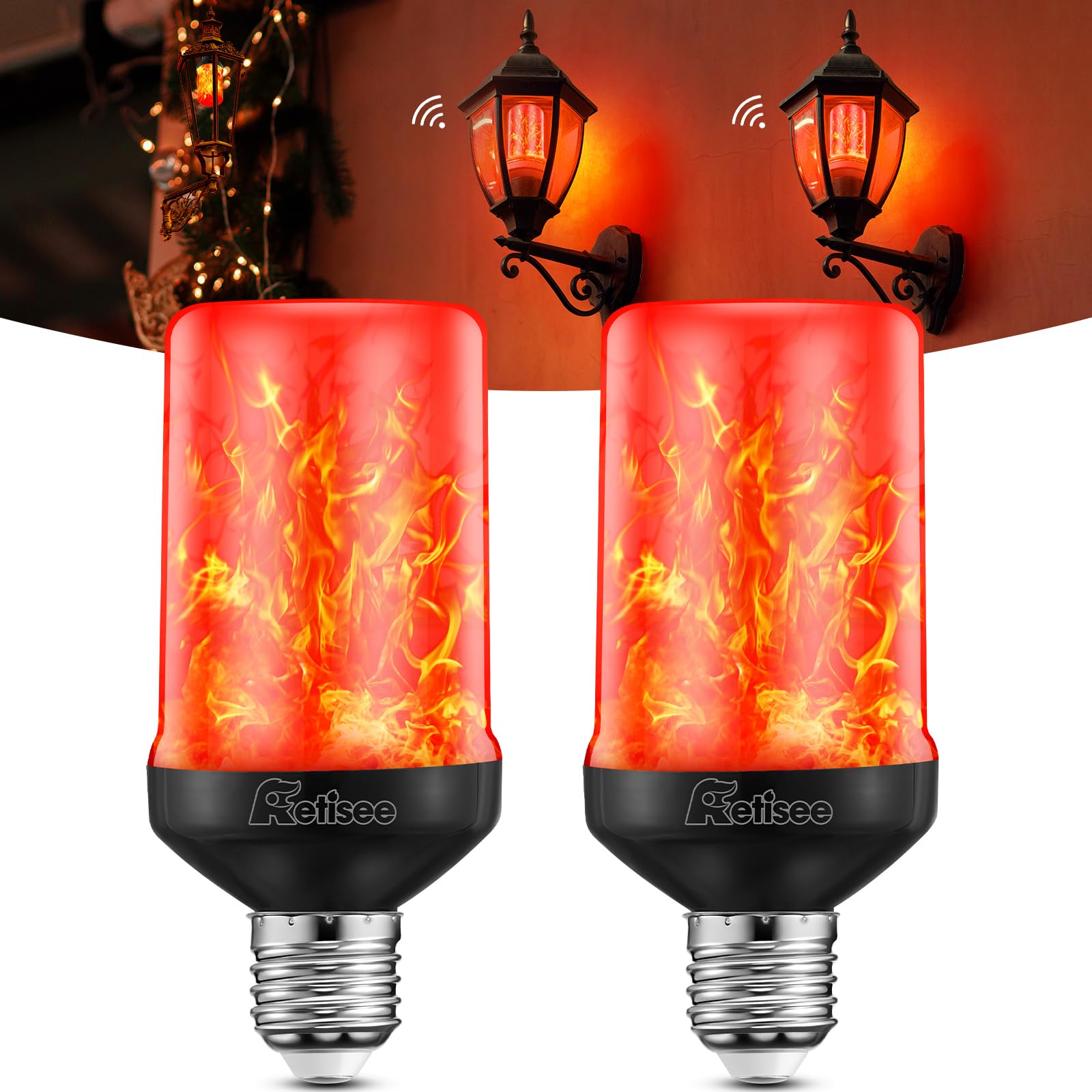 Photo 1 of 2 Pack Upgraded Red LED Flame Effect Light Bulbs, Dusk to Dawn Light Bulbs Outdoor, Auto On/Off, E26 Base Flickering Light Bulb with Upside Down Effect, Fire Bulb for Party Porch Outdoor