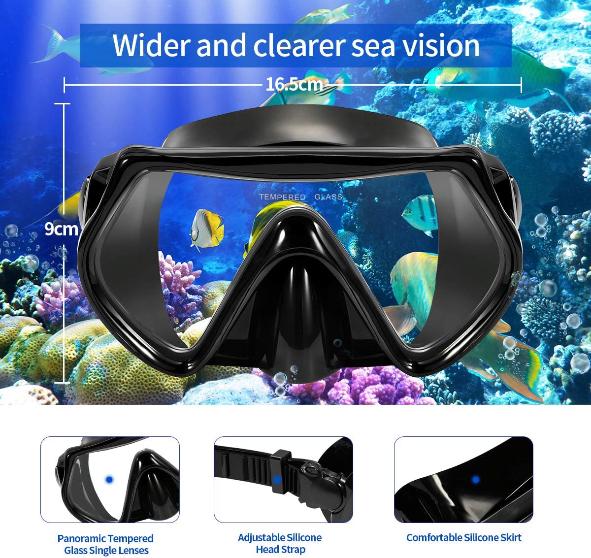 Supertrip Snorkel Set Adults-Anti-Fog Film Scuba Snorkeling Diving Mask with Impact Resistant Temperred Glass|Dry Top Snorkel, 2 Mouthpieces 1 Waterproof Case Included Black : Sports & Outdoors