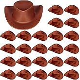 24 PCS Mini Cowboy Hat, Plastic Miniature Western Cowgirl Hat for Party Accessories, Cute Doll Hat Party Dress Hat for Dollhouse Birthday Decoration (Brown)