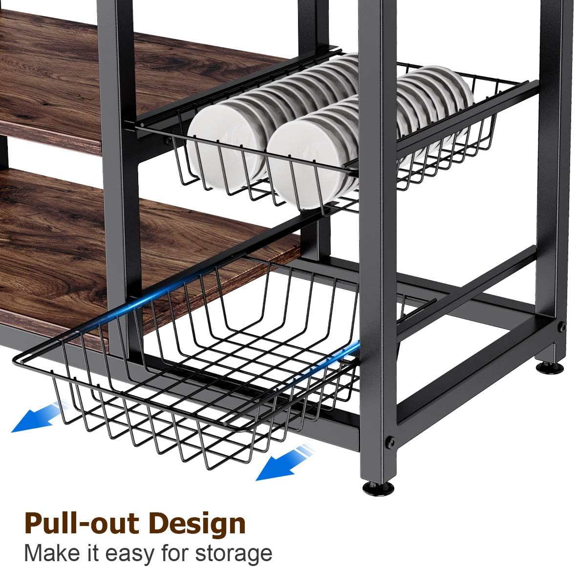 Homemaxs Kitchen Baker’s Rack, 4 Tier+ 4 Tier Microwave Storage Stand with 2 Slide-Out Mesh Baskets, Vintage Utility Shelf for Spices, Pots, and Pans Organizer Workstation - Rustic Brown: Kitchen & Dining