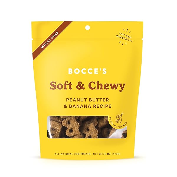 BOCCE’S BAKERY OVEN BAKED PB & BANANA RECIPE TREATS FOR DOGS, WHEAT-FREE EVERYDAY DOG TREATS, REAL INGREDIENTS, BAKED IN THE USA, ALL-NATURAL SOFT & CHEWY COOKIES, PEANUT BUTTER & BANANA, 6 OZ