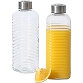 Gibson Home Aspen Heights 2 Pack 33 OZ (1 Liters) Large Embossed Reusable Glass Bottles w/Airtight Leakproof Stainless Steel Lid, Pitcher for Water, Milk, Juice - Dishwasher Safe