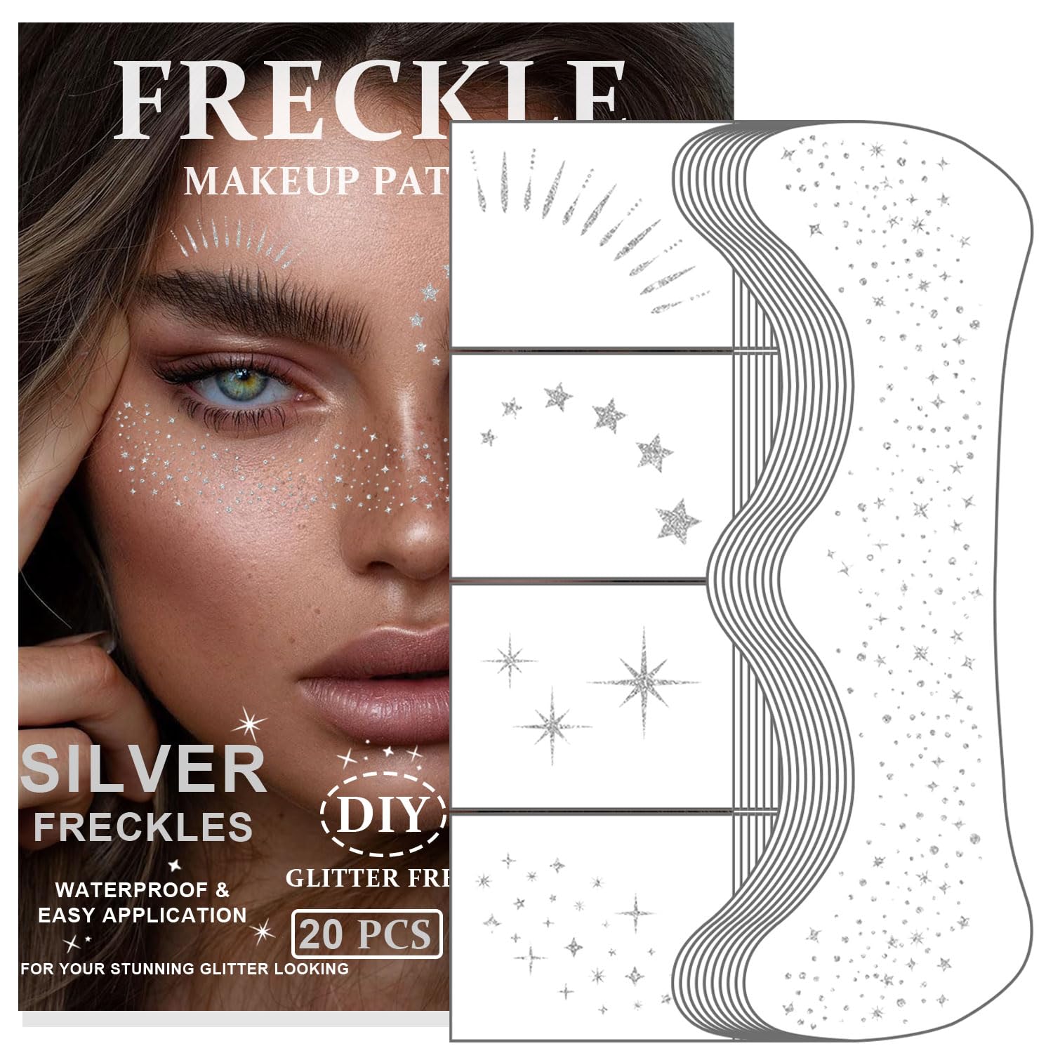 Photo 1 of 20PCS Glitter Freckles, Glitter Freckles Face Tattoo, Sparkle Freckles for Women and Kids, Cute Star Waterproof Silver Temporary Face Tattoos Glitter Glow Up Patches Makeup Patches (Silver)