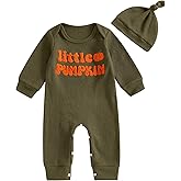 KtwHarnu Newborn Baby Boy Halloween Outfit Little Pumpkin Waffle Knit Romper Jumpsuit Long Sleeve Knitted Bodysuit with Hat