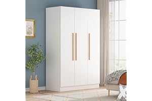 ECACAD Wardrobe Armoire with 4-Tier Shelves, Hanging Rod and 3 Doors, Wooden Closet Storage Cabinet for Bedroom, White (47.2”W x 18.9”D x 70.8”H)