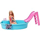 Barbie Doll & Pool Playset with Pink Slide, Beverage Accessories & Towel, Blonde Fashion Doll in Tropical Swimsuit