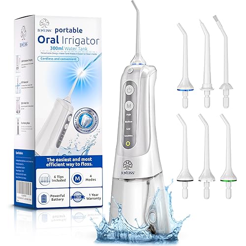 High-Power Cordless Water Flosser for Teeth Cleaning: IPX7 Waterproof Oral Irrigator with 4 Cleaning Modes, Including Sensitive Mode for Gentle Gums – Rechargeable 6 Replacement Tips Included