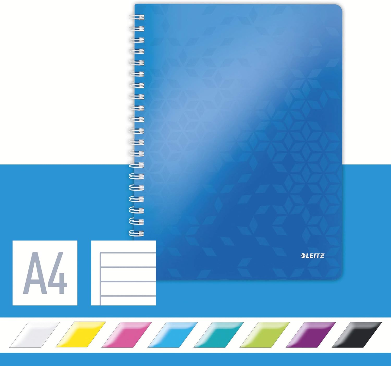 Leitz A4 Flexible Cover Notebook, Blue (Wire Bound, 80 Sheets, Ruled, 90 gsm Ivory Paper, Wow Range), Pack of 1