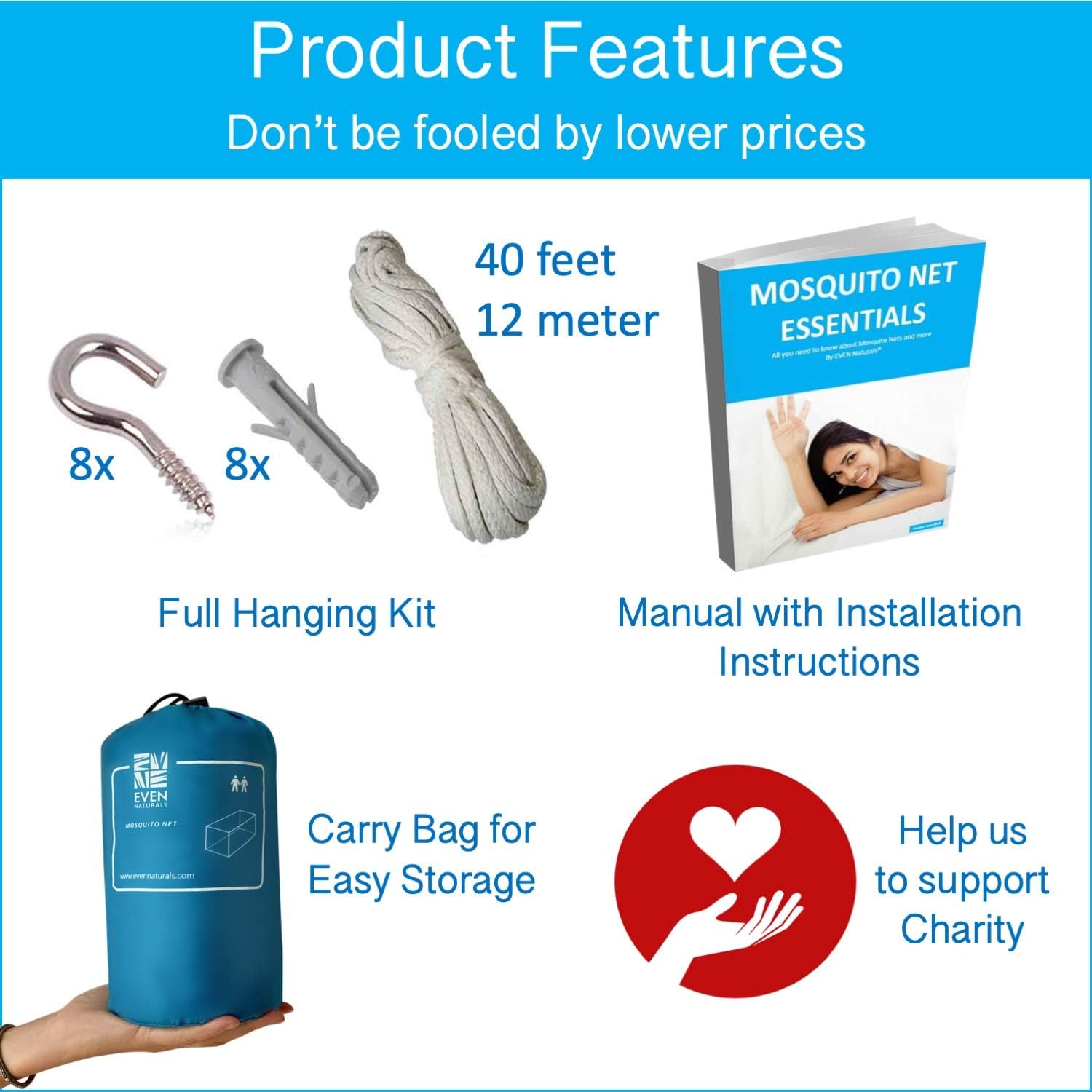 EVEN NATURALS Luxury Mosquito Net for Bed Canopy, XL Tent, Double to King, Camping Screen House, Finest Holes Mesh 300, Square Netting Curtain, 2 Entries, Easy to Install, Hanging Kit, Storage Bag…: Health & Personal Care