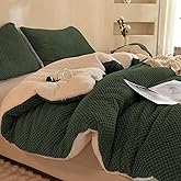 LLanCL 3D Jacquard Design Comforter Set, Ultra-Soft Warm Queen Size Sherpa Fur Plush 3-Pieces Sets Luxury Cozy Bedding with 2 Pillowcases (90"x90", Dark Green)