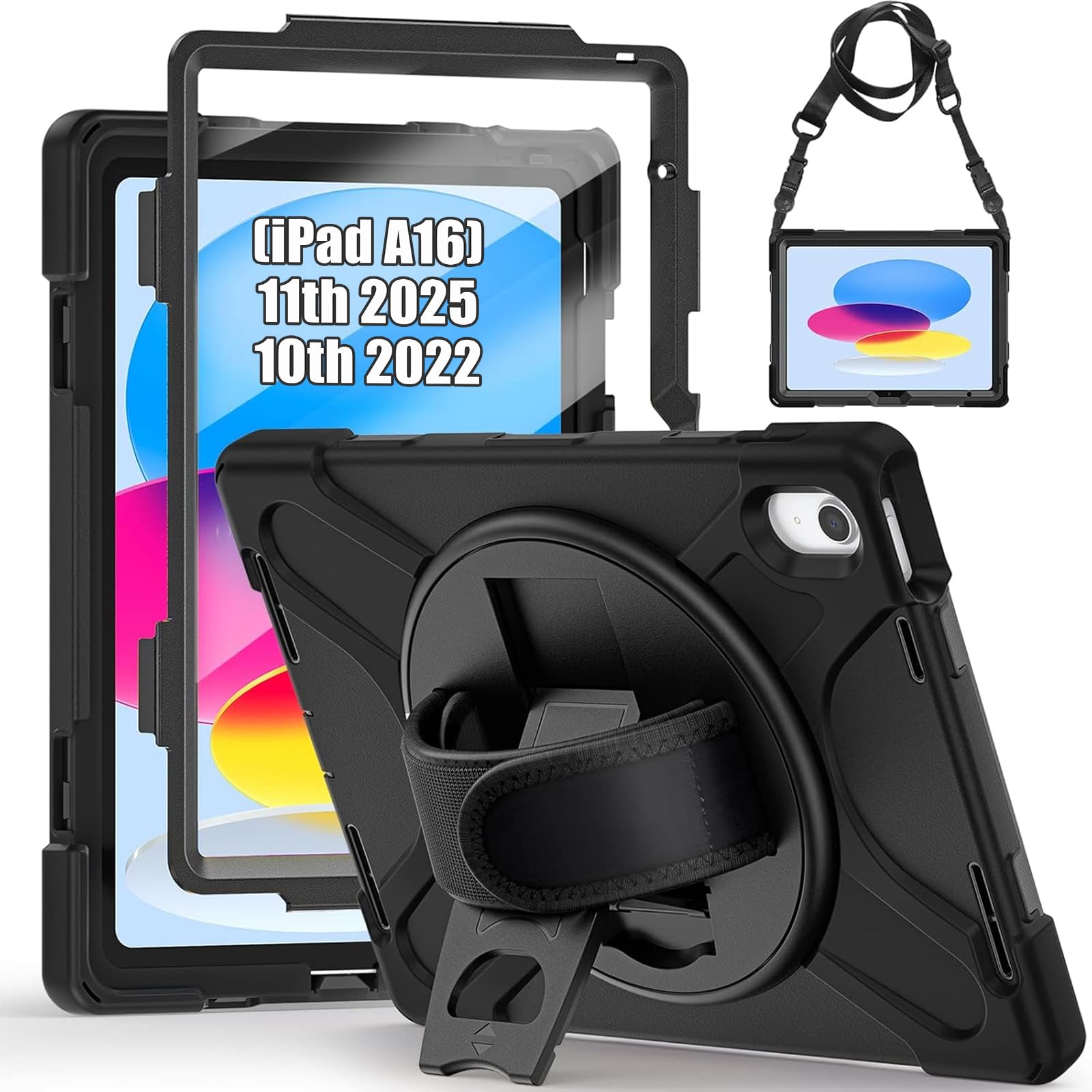 Gerutek Case for iPad A16 11th Generation 2025 (11") & 10th Gen 2022 (10.9"), Shockproof Heavy Duty Cover with Screen Protector, 360° Rotating Stand & Hand Strap, Shoulder Strap, Pencil Holder, Black — image 1