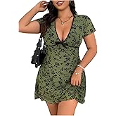 SHENHE Women's Plus Size Y2k Floral Mesh Mini Dress Deep V Short Sleeve Fit and Flare Sundress